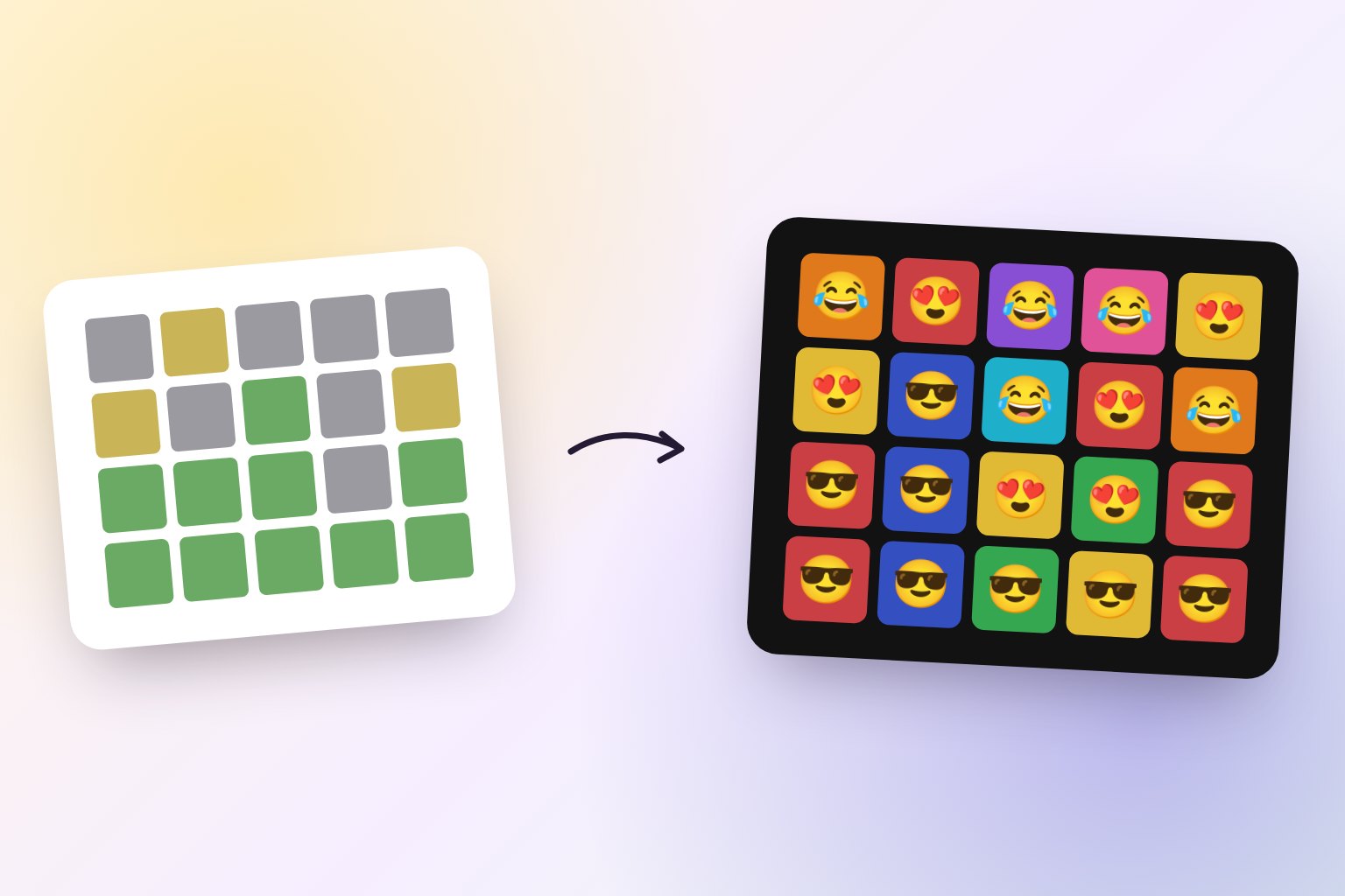 A Wordle-style grid of green, yellow and grey squares with an arrow to a MojiTiles board of coloured tiles with emojis, ending in a row of cool sunglasses emojis