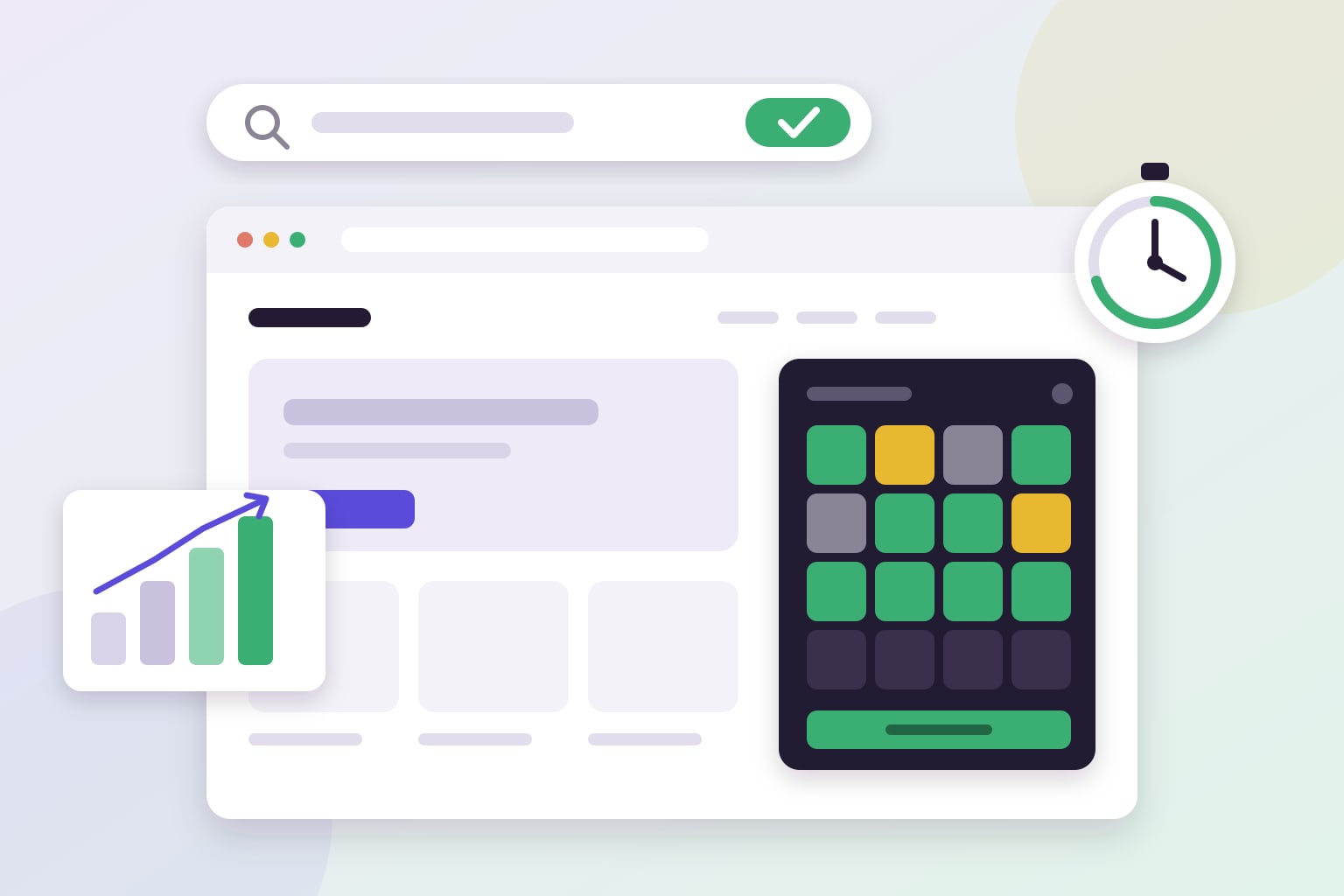 A website in a browser with a tile game open in the corner, next to a stopwatch and a rising chart