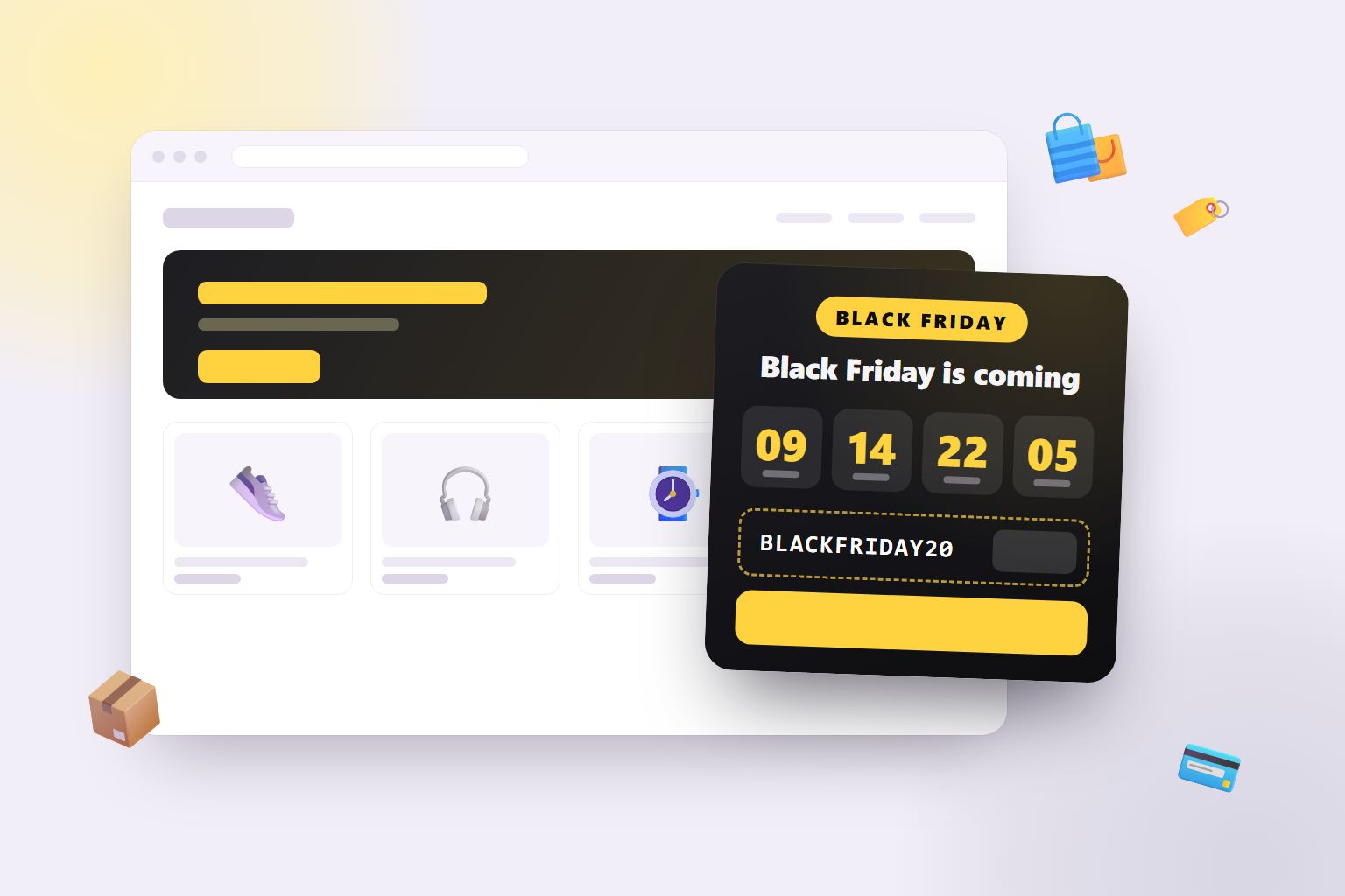 A webshop with a black and yellow Black Friday countdown timer in the corner, counting down 9 days with the discount code BLACKFRIDAY20, next to shopping bags, a price tag and a parcel
