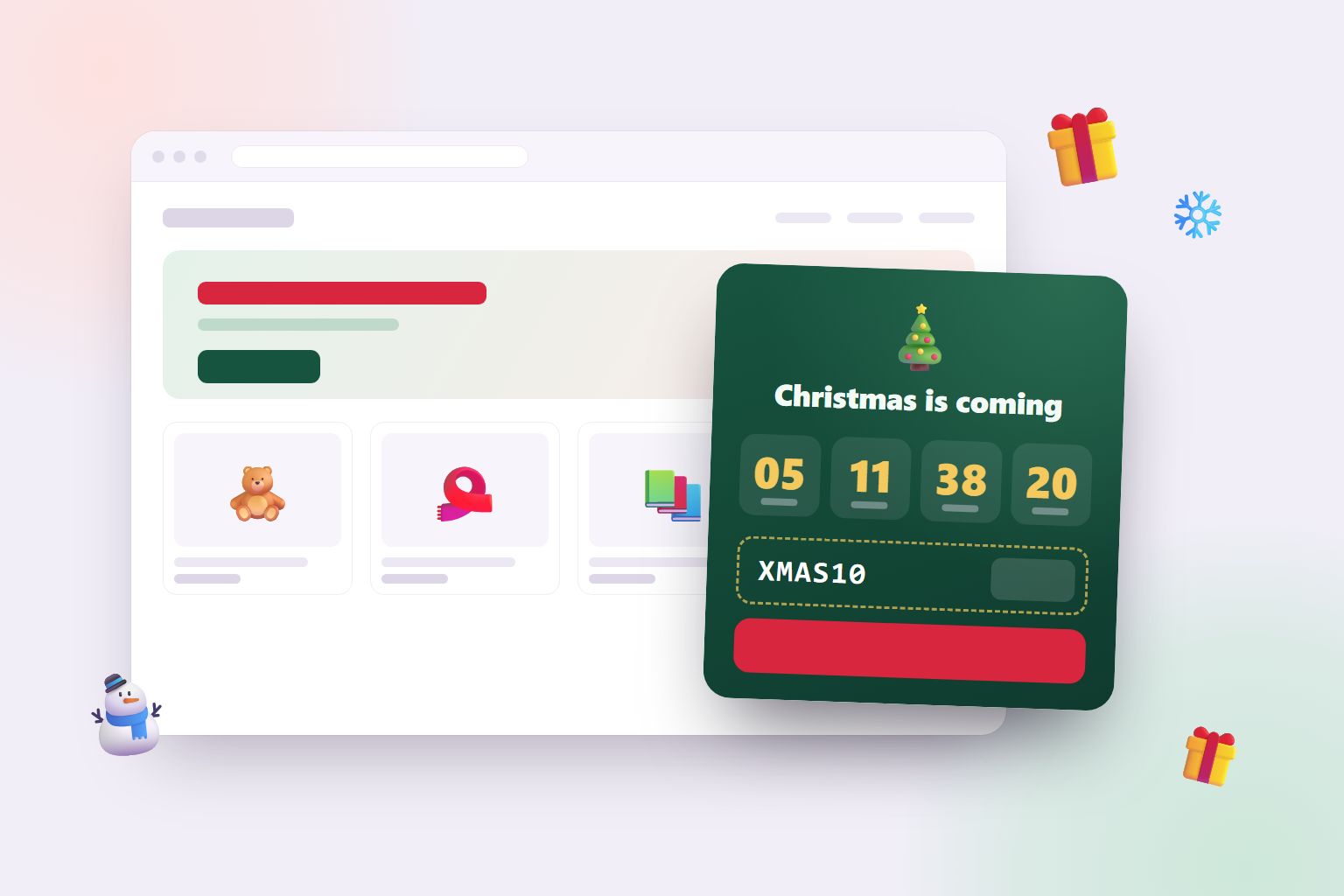 A webshop with a green Christmas countdown timer in the corner, counting down 5 days with the discount code XMAS10, next to presents, a snowflake and a snowman