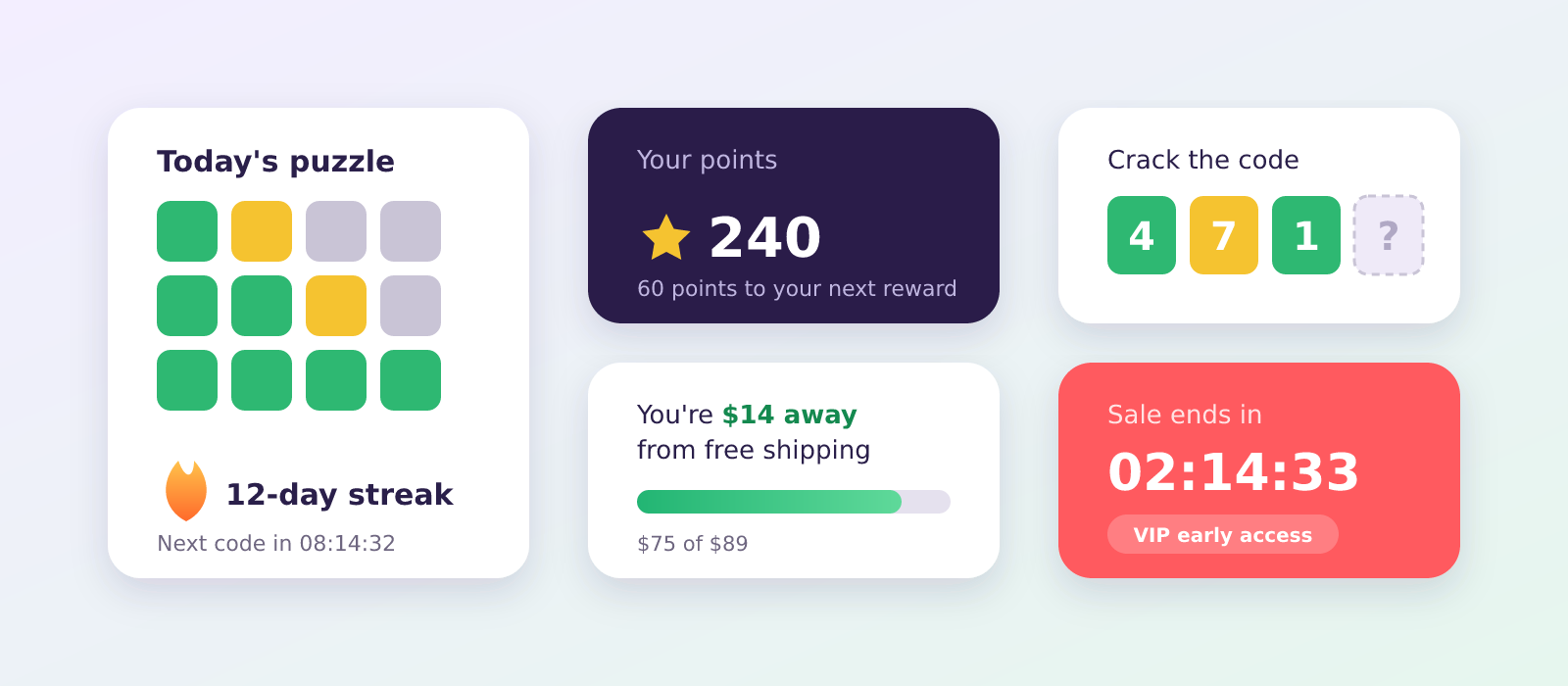 Gamification examples as cards: a daily colour puzzle with a 12-day streak, 240 loyalty points, a code to crack, a cart $14 away from free shipping and a sale countdown