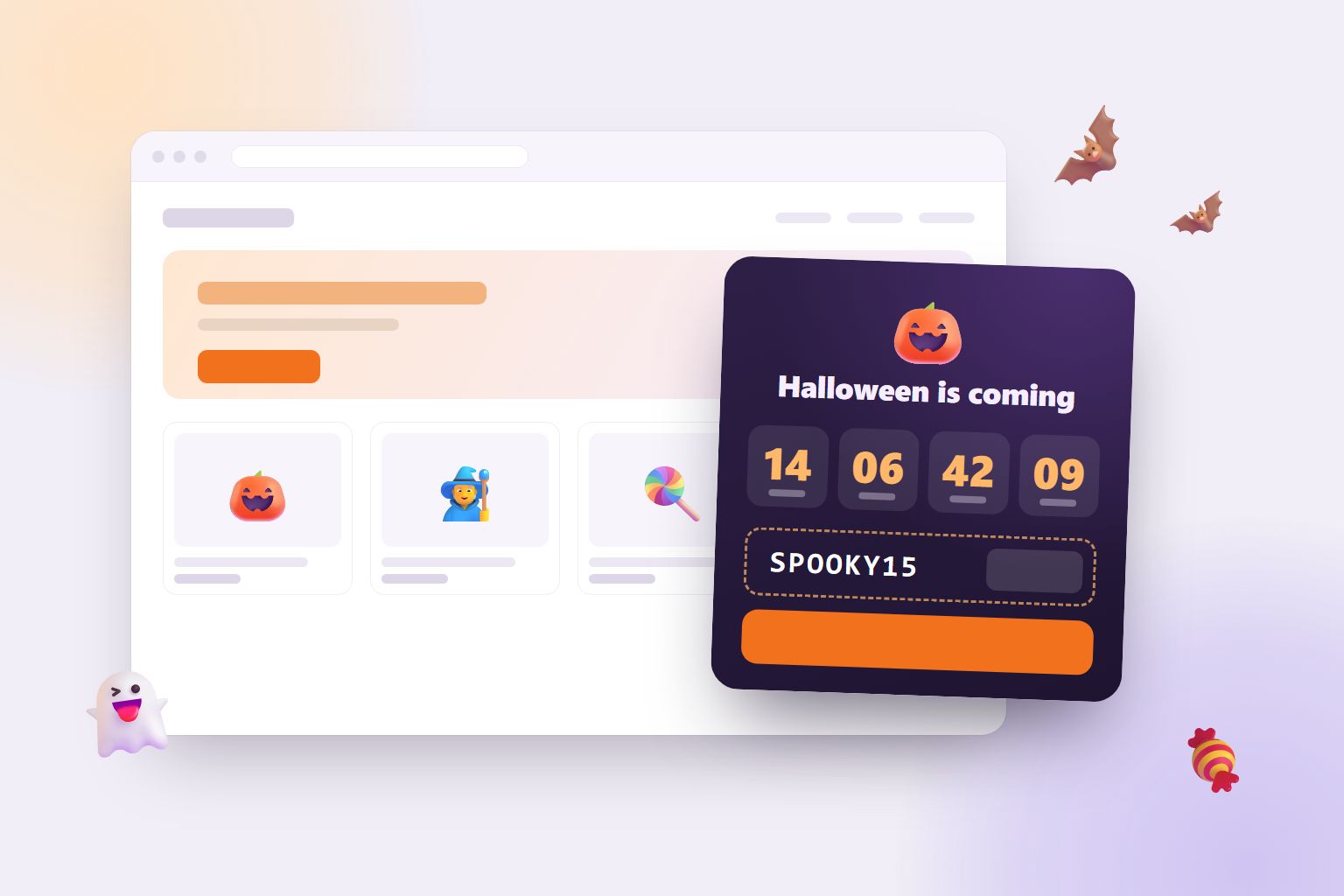 A webshop with a Halloween countdown timer in the corner, counting down 14 days with the discount code SPOOKY15, surrounded by bats, a ghost and candy