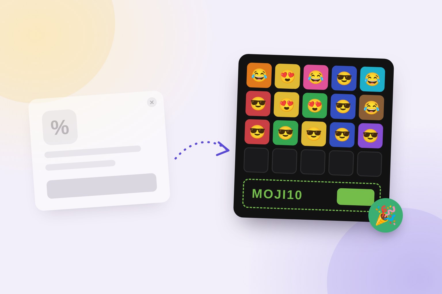 A faded discount pop-up next to a MojiTiles game, where a solved row of sunglasses emojis reveals the discount code MOJI10