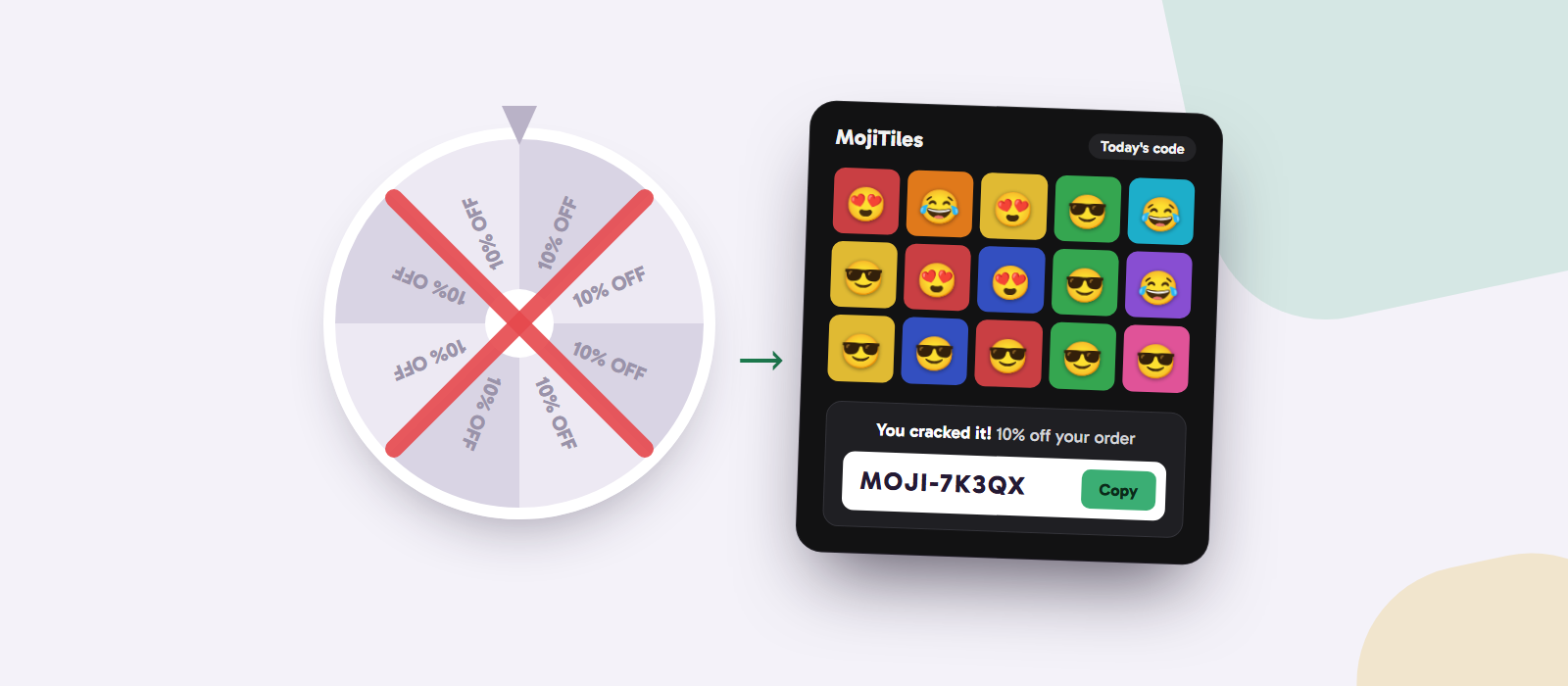 A spin-to-win wheel crossed out next to a daily puzzle game where a shopper won a discount code