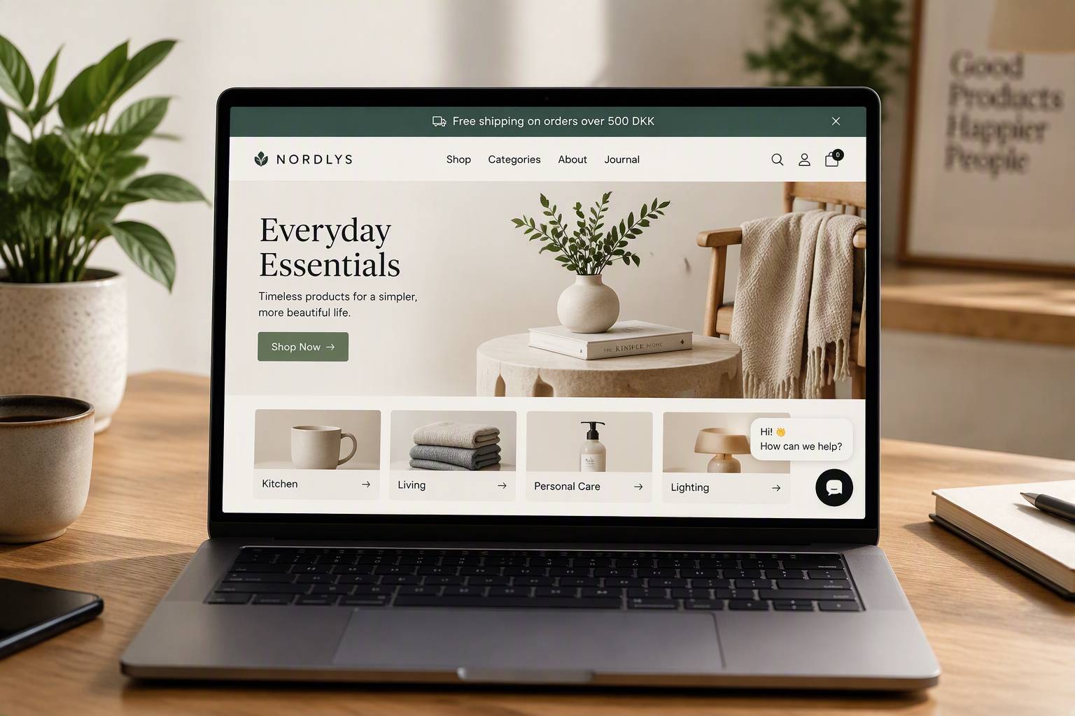 A webshop on a laptop with an announcement bar at the top and a small widget in the corner
