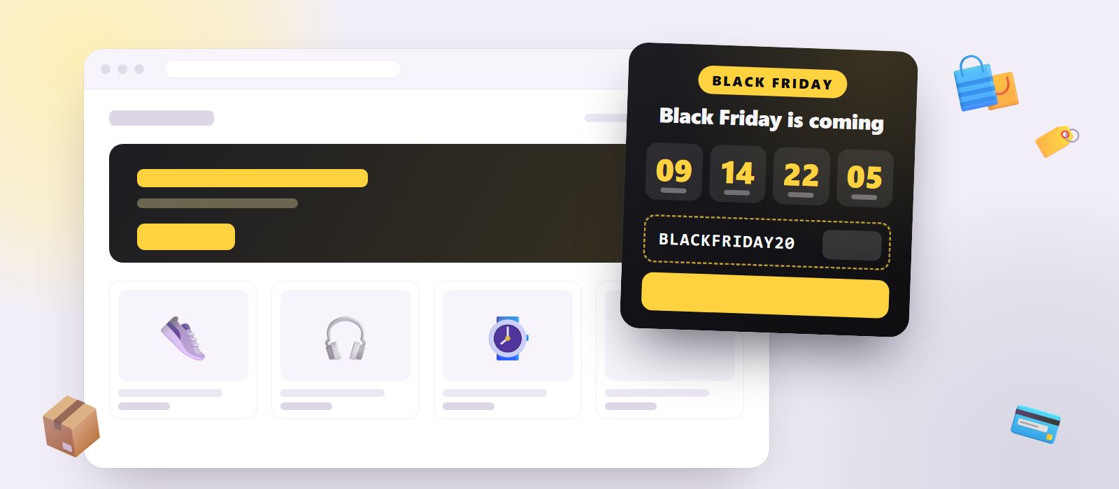 A webshop with a Black Friday countdown timer in the corner, counting down 9 days with the discount code BLACKFRIDAY20