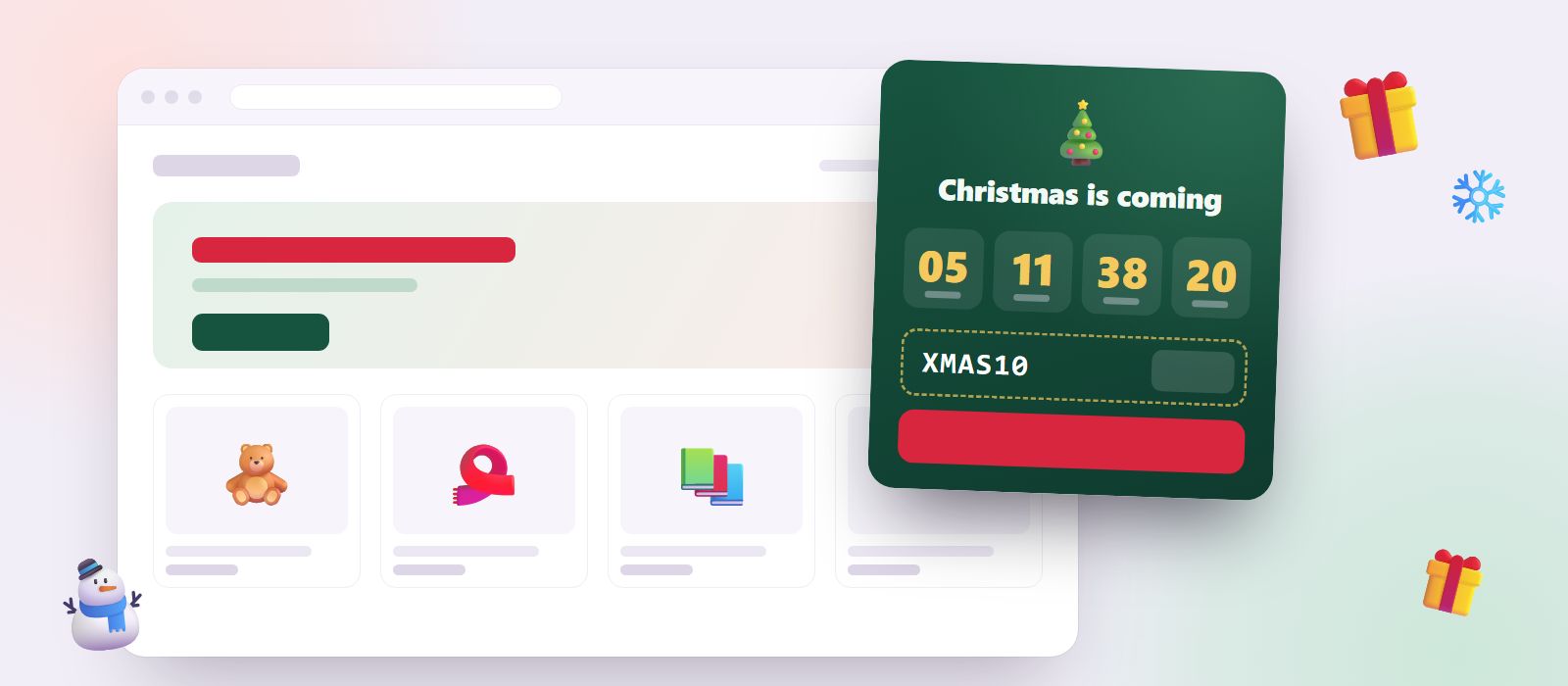 A webshop with a Christmas countdown timer in the corner, counting down 5 days with the discount code XMAS10